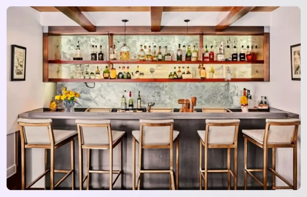 Wall-hugging home bar with five stools Wall-hugging home bar with five stools