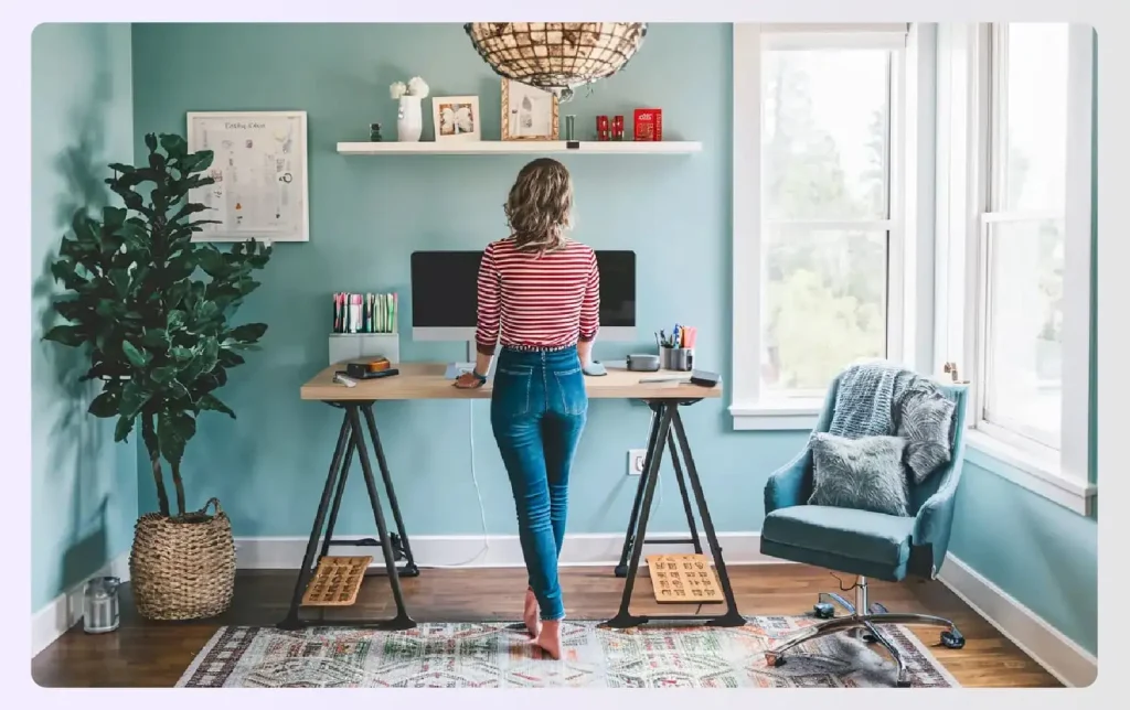 Woman using a standing desk in a blue home office. Woman using a standing desk in a blue home office.