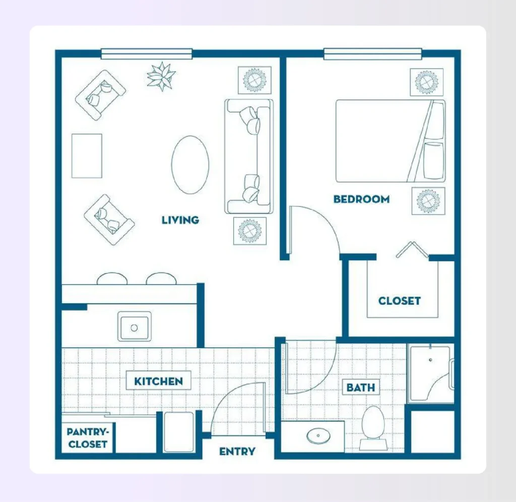One bedroom assisted living apartment floor plan with living area