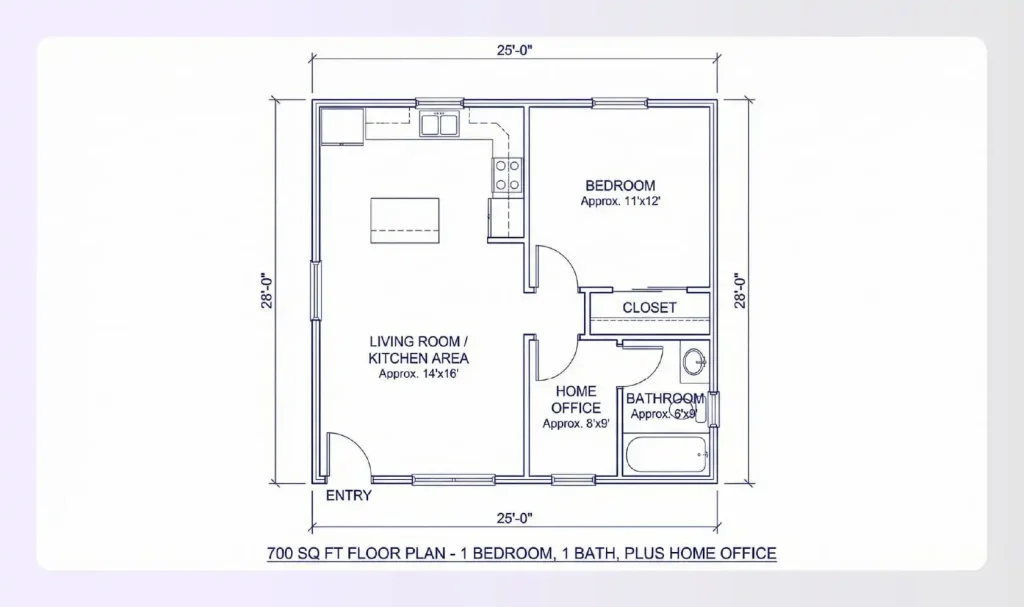 One-bedroom small house plan with office One-bedroom small house plan with office