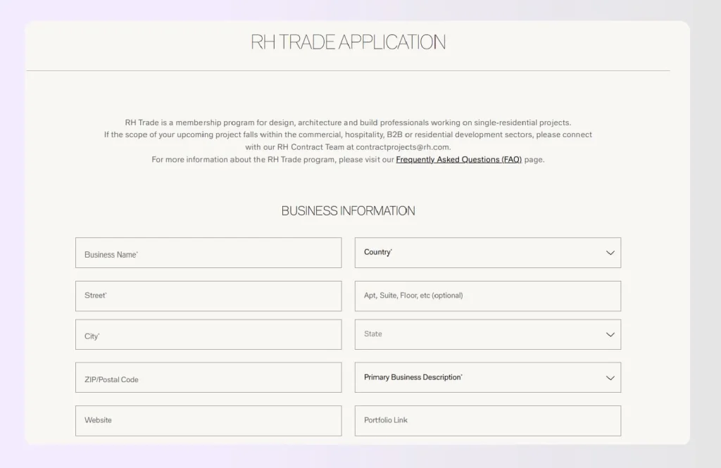 Screenshot of Restoration Hardware trade membership application page Screenshot of Restoration Hardware trade membership application page