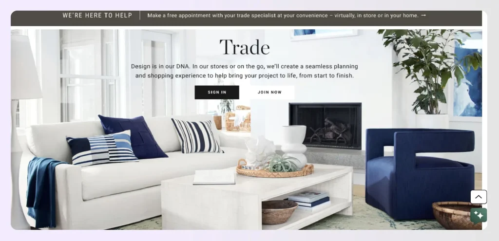 Screenshot of Williams Sonoma Inc trade program landing pageย Screenshot of Williams Sonoma Inc trade program landing pageย
