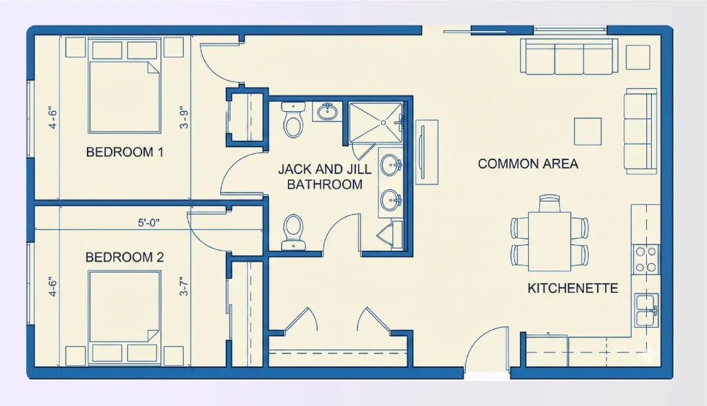 Two bedroom residential assisted living floor plan with shared suite