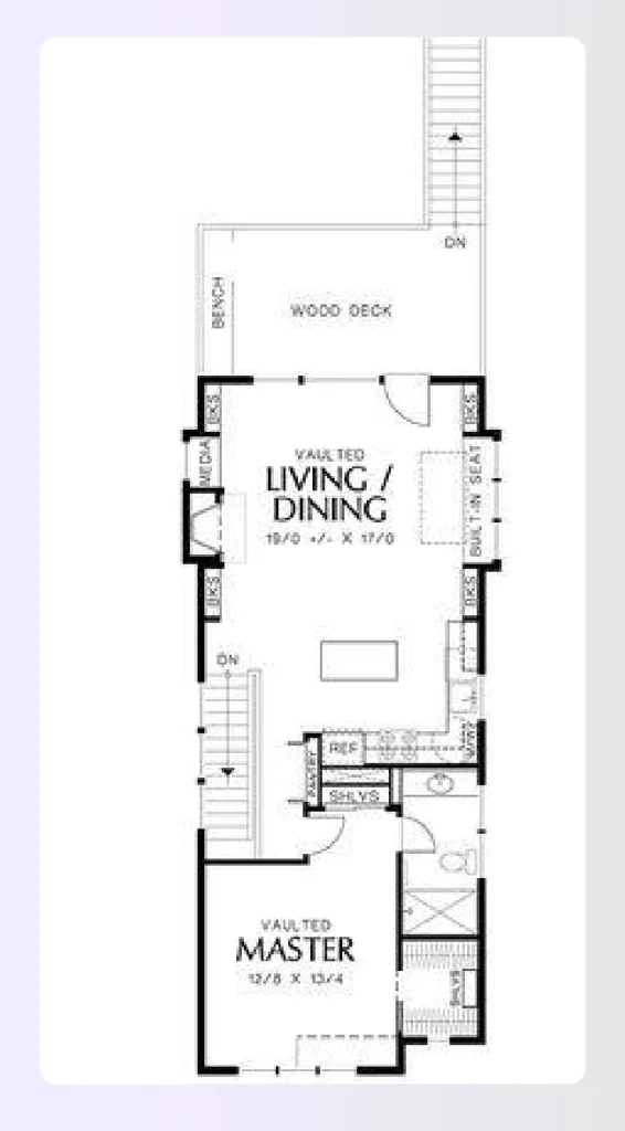 Open concept modern shotgun house floor plan render Open concept modern shotgun house floor plan render