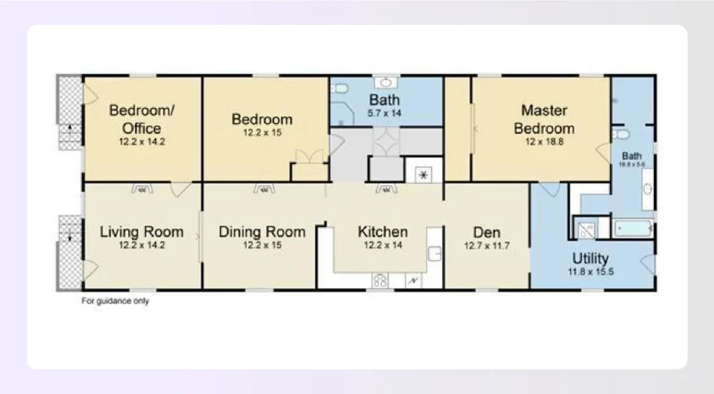 Flexible space shotgun house floor plan with den Flexible space shotgun house floor plan with den