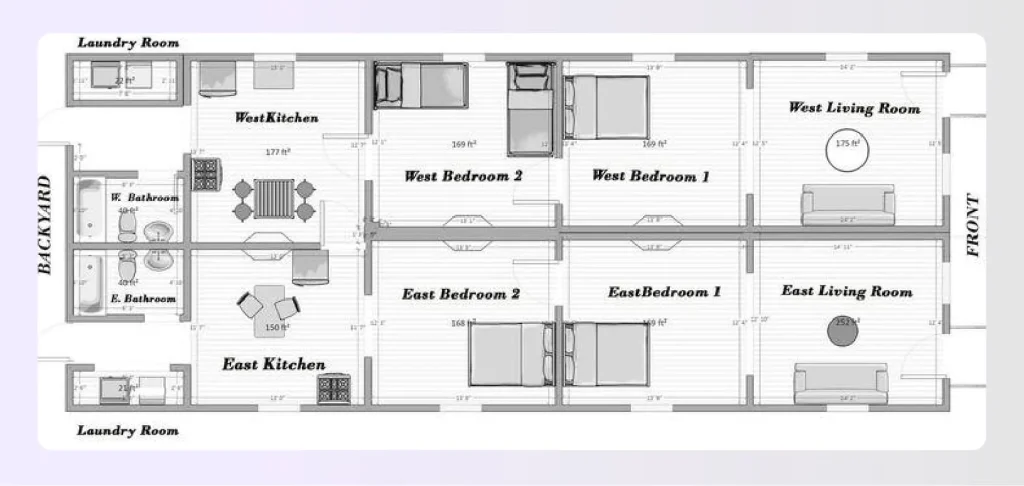 Shotgun house floor plan with outdoor deck