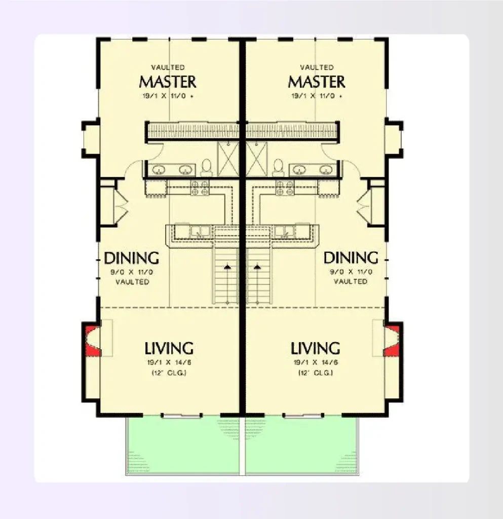 Mirrored duplex floor plan with shared central wall and symmetrical layout. Mirrored duplex floor plan with shared central wall and symmetrical layout.