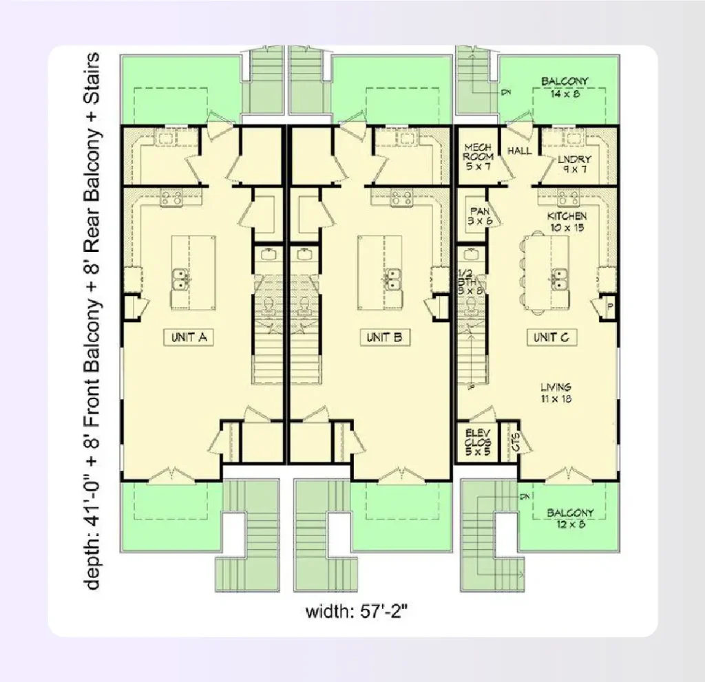 Three-story stacked triplex floor plan for narrow urban lots Three-story stacked triplex floor plan for narrow urban lots
