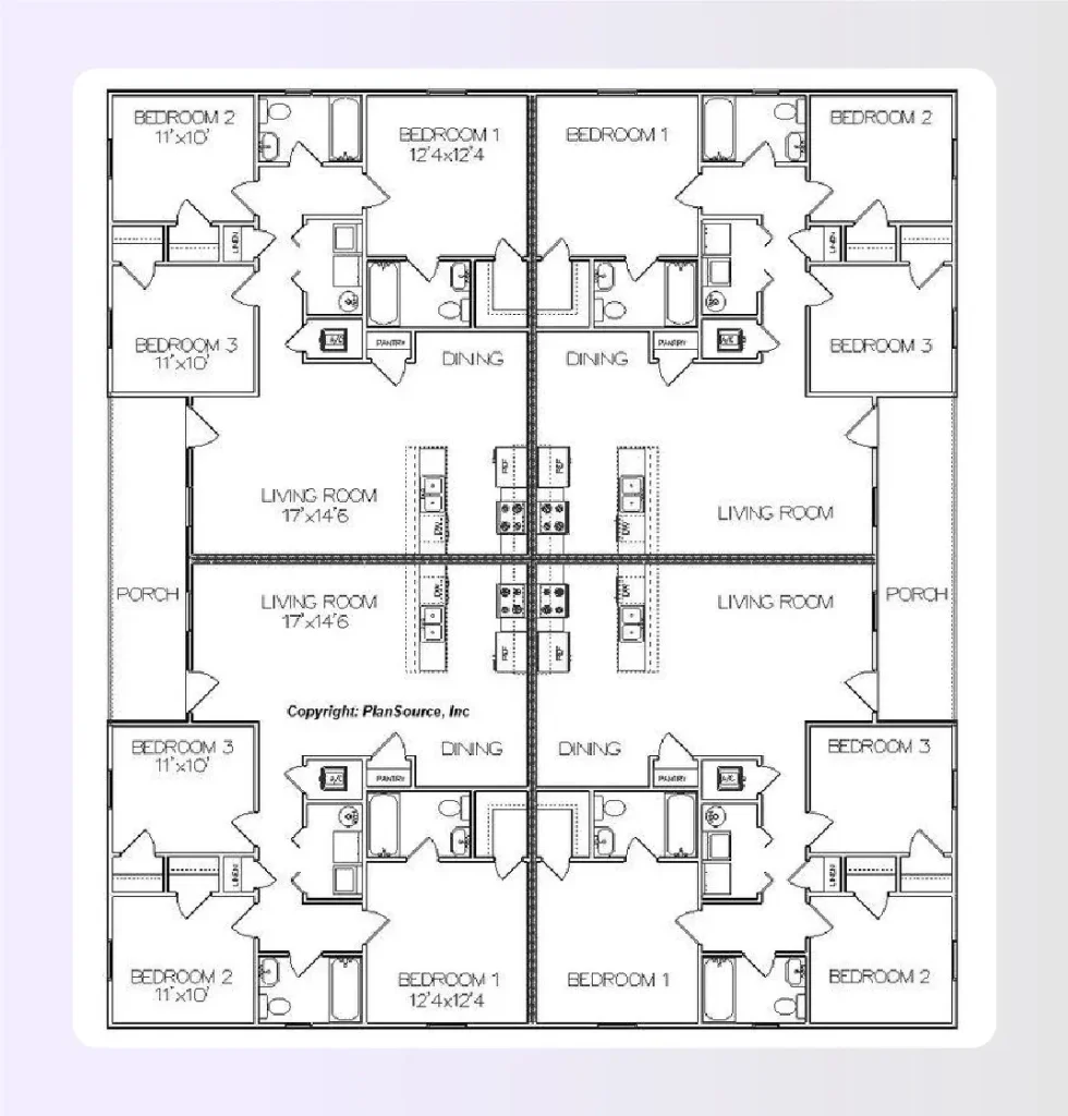 Square fourplex floor plan divided into four equal apartment units Square fourplex floor plan divided into four equal apartment units