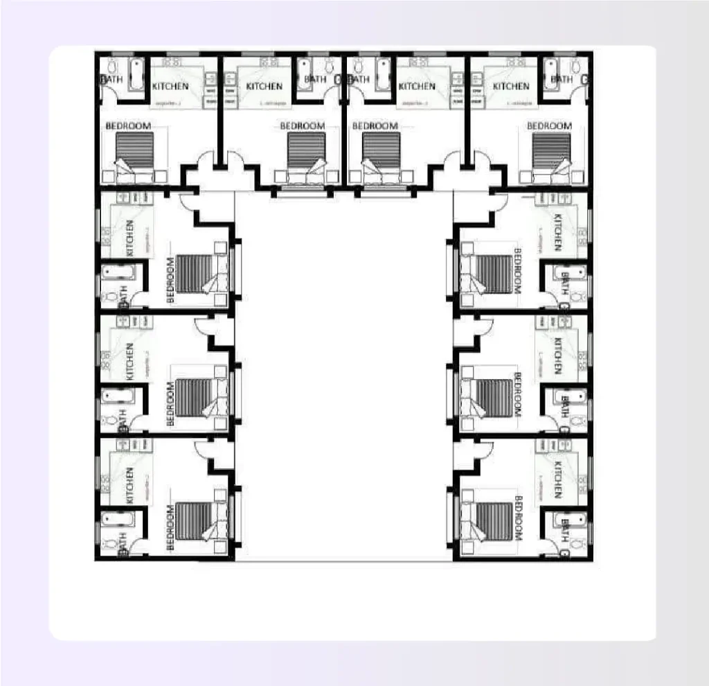 U-shaped apartment complex floor plan surrounding a central garden courtyard U-shaped apartment complex floor plan surrounding a central garden courtyard