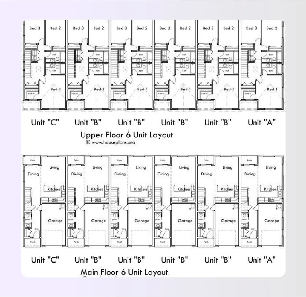 Row of townhouse floor plans with individual garages and entrances Row of townhouse floor plans with individual garages and entrances