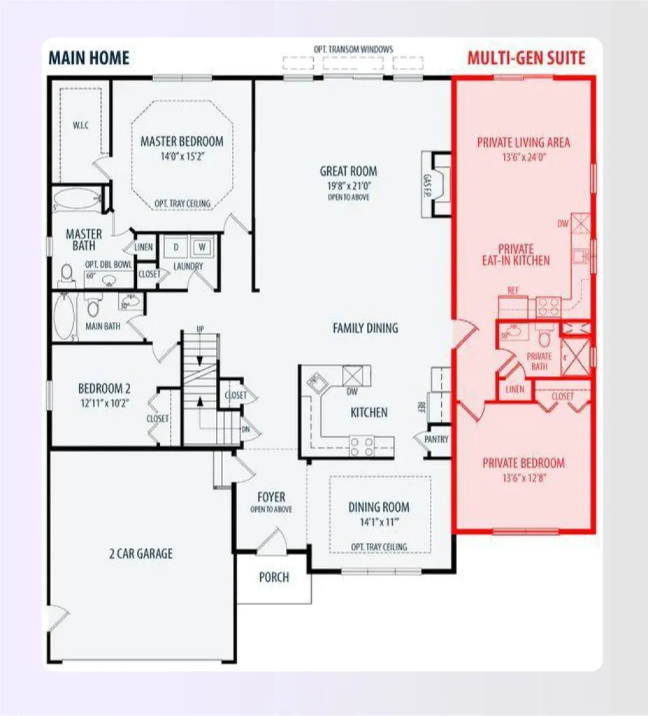 Floor plan showing a main house with a detached accessory dwelling unit Floor plan showing a main house with a detached accessory dwelling unit