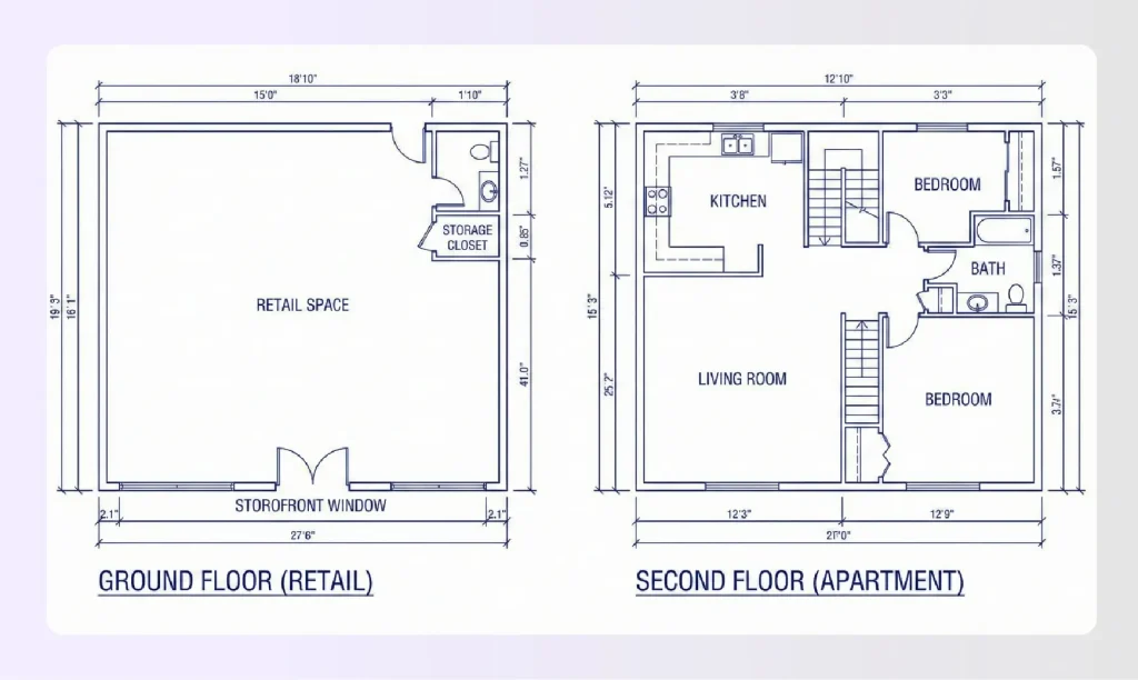 Live-work multi-family floor plan with ground floor retail and upstairs apartment Live-work multi-family floor plan with ground floor retail and upstairs apartment