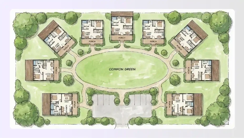 Cluster of small cottages arranged around a central green Cluster of small cottages arranged around a central green