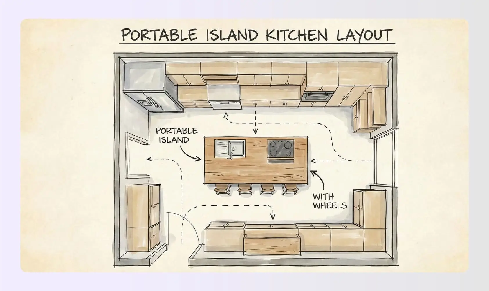 Portable island kitchen layout design with wheels Portable island kitchen layout design with wheels