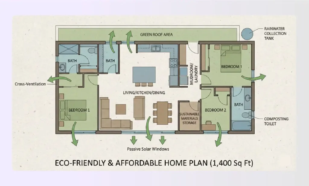 Simple rectangular eco-friendly house floor plan layout
