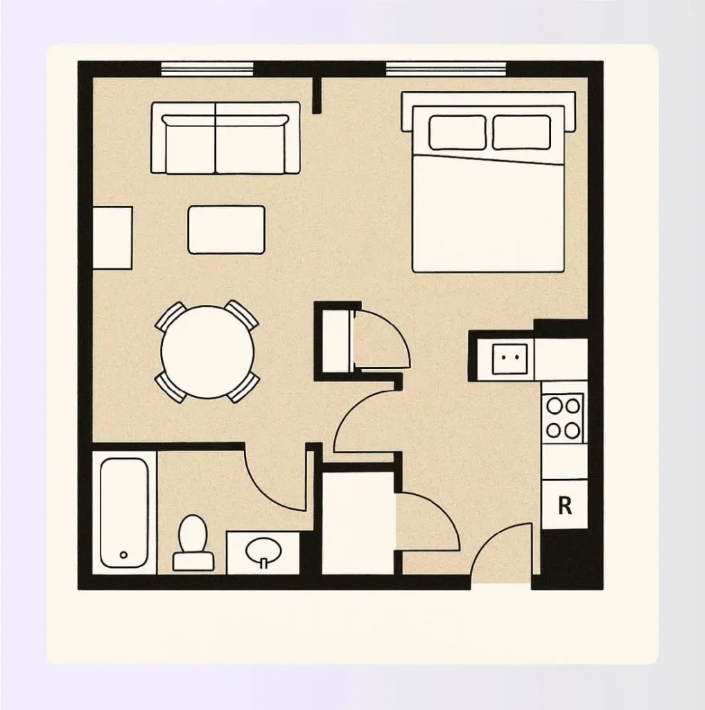 3D floor plan of an open studio apartment layout. 3D floor plan of an open studio apartment layout.