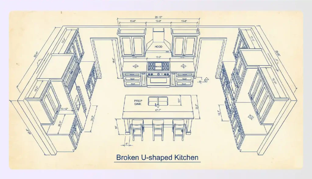 Broken u-shaped kitchen floor plan