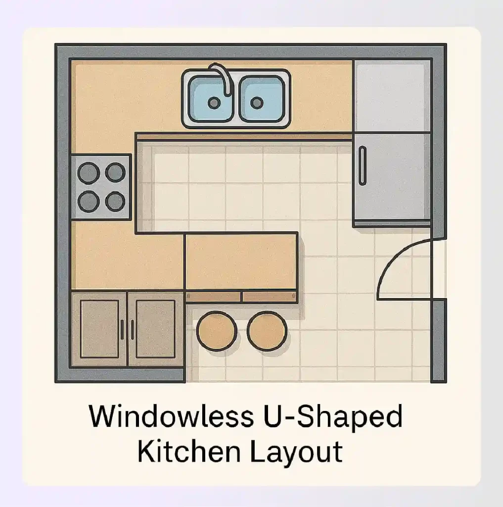 Windowless small u-shaped kitchen layout
