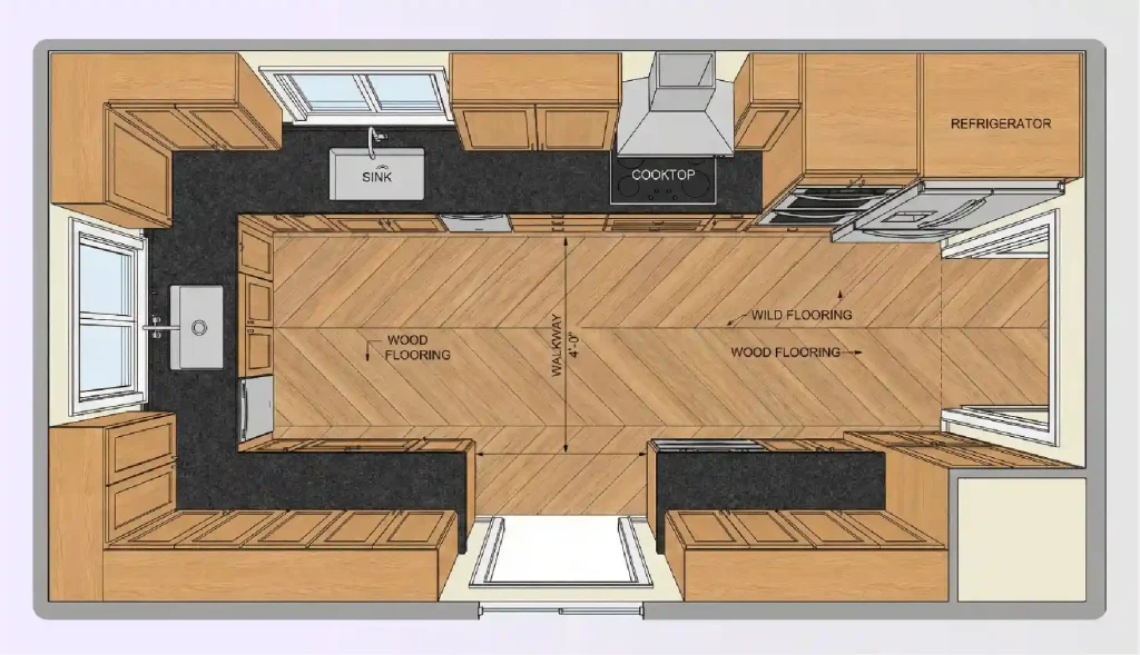 Galley kitchen layout with wood floors