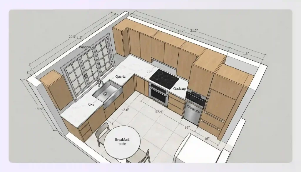 Modern L-shaped small kitchen layout with window