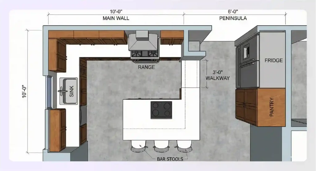 Peninsula small kitchen layout with bar stools