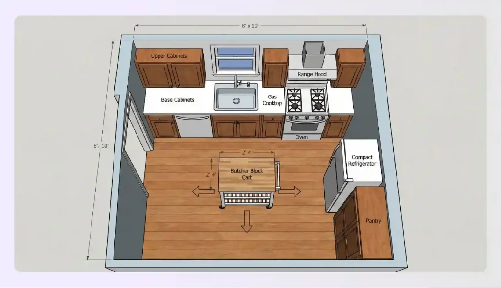 Small kitchen layout with movable island cart