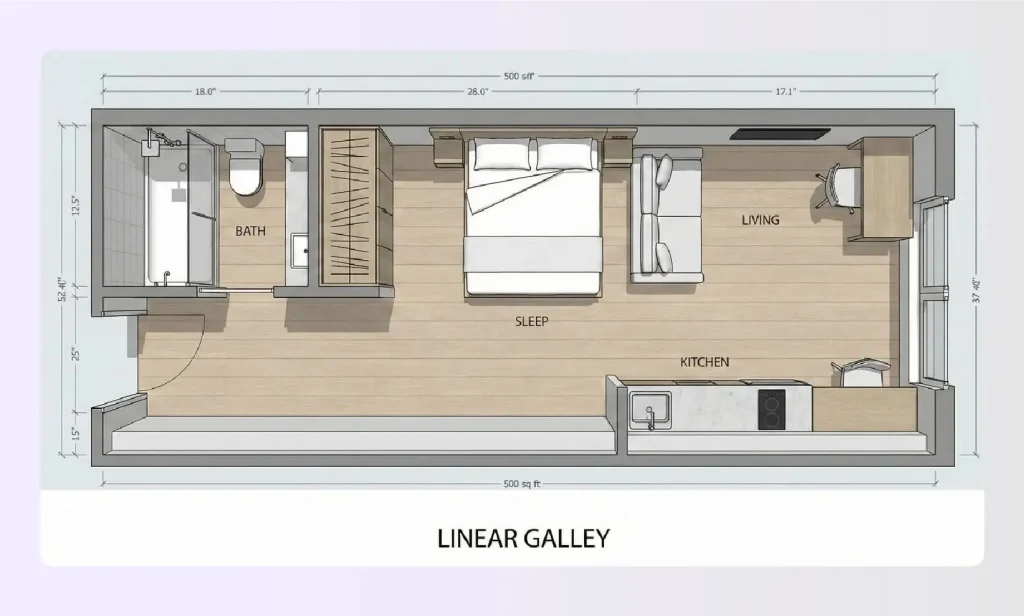 Long narrow floor plan with furniture along one wall Long narrow floor plan with furniture along one wall