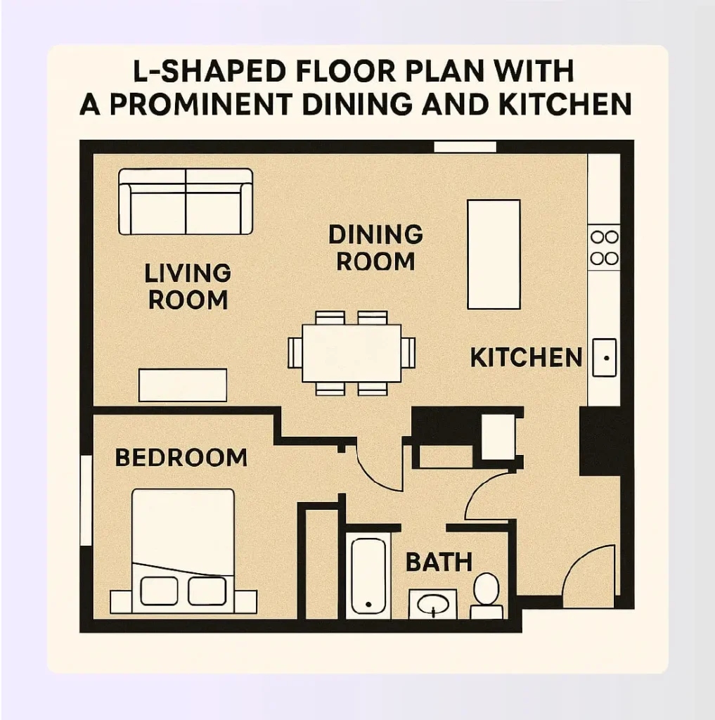 L-shaped floor plan with a prominent dining and kitchen. L-shaped floor plan with a prominent dining and kitchen.