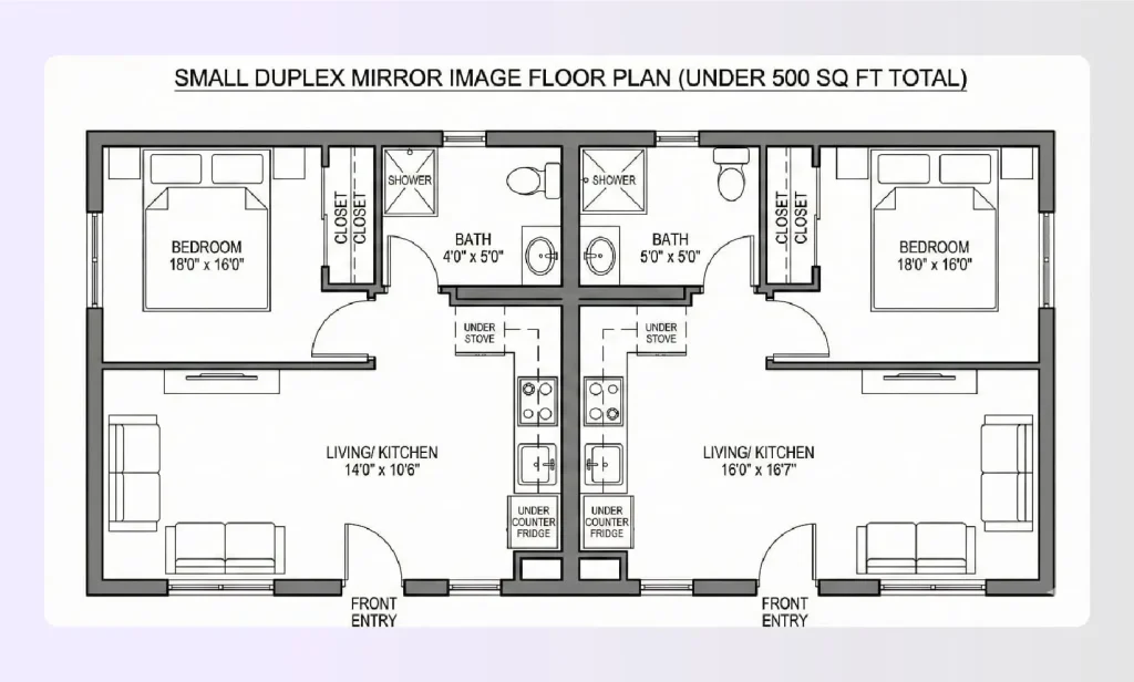 Mirror image floor plan for a small duplex unit Mirror image floor plan for a small duplex unit