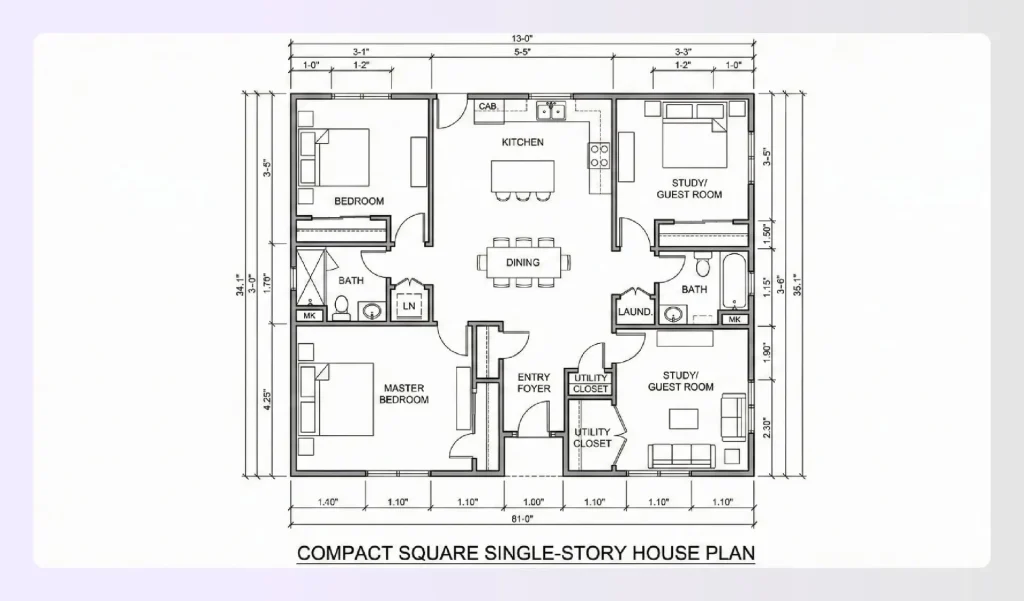 Compact square single-story house plans interior layout Compact square single-story house plans interior layout