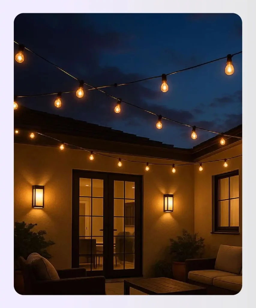 Cozy patio setup with string lights Cozy patio setup with string lights