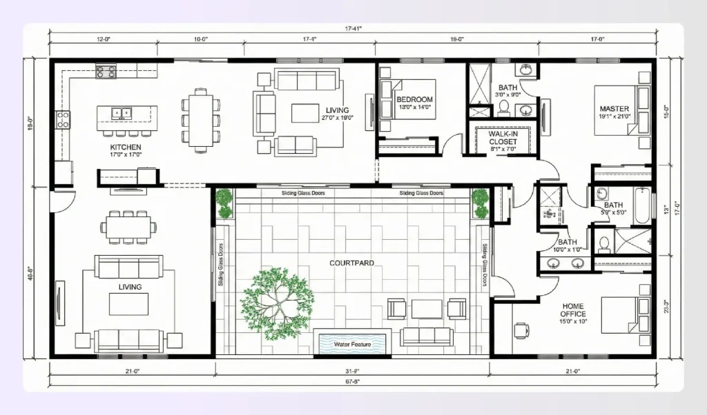 L-shaped one-story house layout with courtyard L-shaped one-story house layout with courtyard