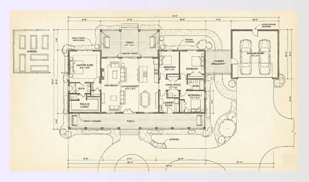 Modern farmhouse one-story house plan exterior rendering Modern farmhouse one-story house plan exterior rendering