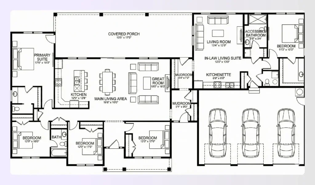 Multi-generational one-story house layout living suite Multi-generational one-story house layout living suite