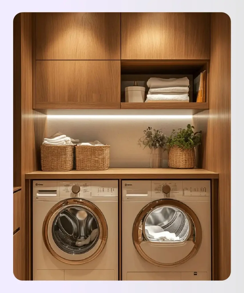 Organized laundry space with modern appliances Organized laundry space with modern appliances