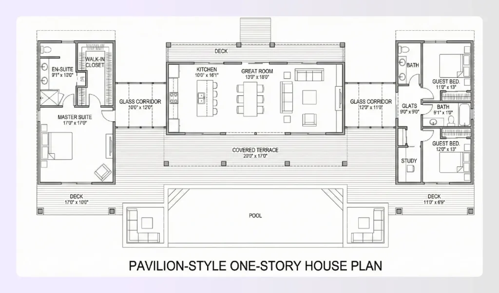 Pavilion-style one-story house plan architectural rendering Pavilion-style one-story house plan architectural rendering