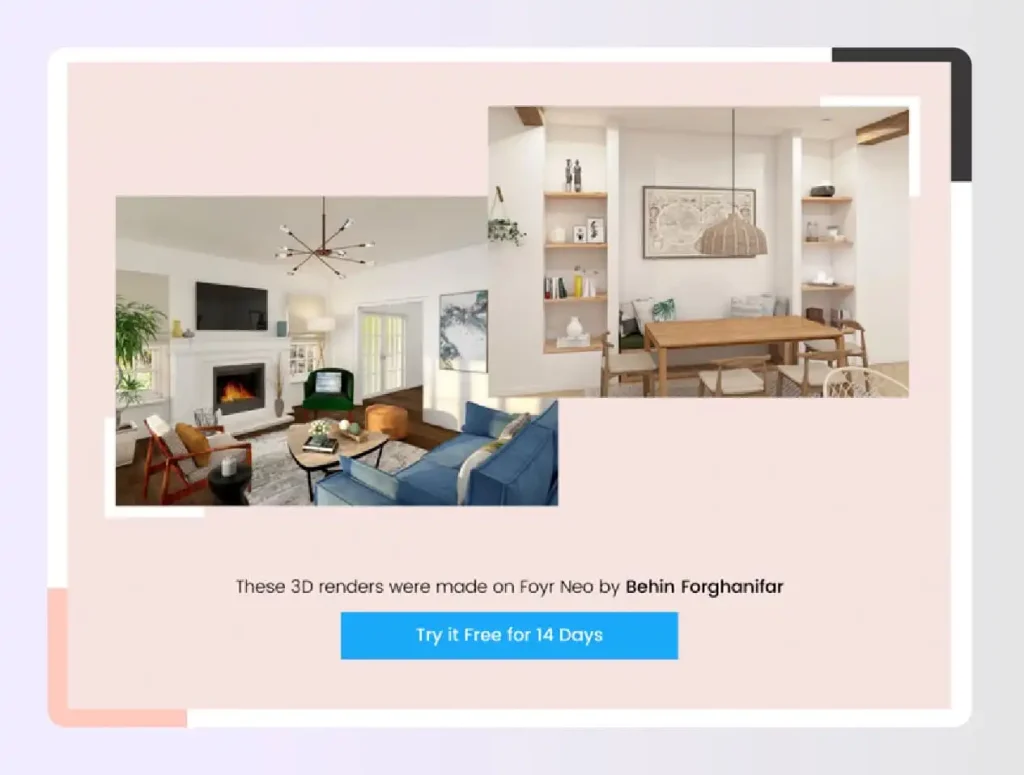 Split screen showing 3D room renders created with Foyr Neo Split screen showing 3D room renders created with Foyr Neo