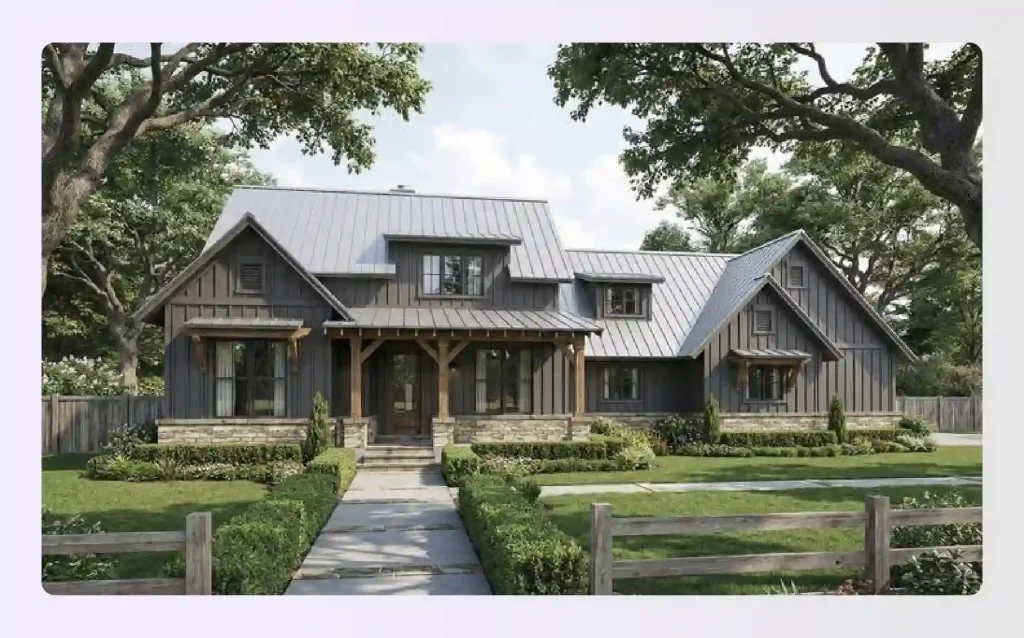 Transitional ranch-style house exterior with a clearly visible second-floor bonus room