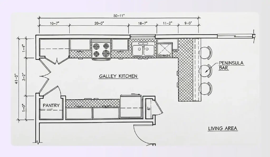 Kitchen design galley layout with a peninsula bar Kitchen design galley layout with a peninsula bar
