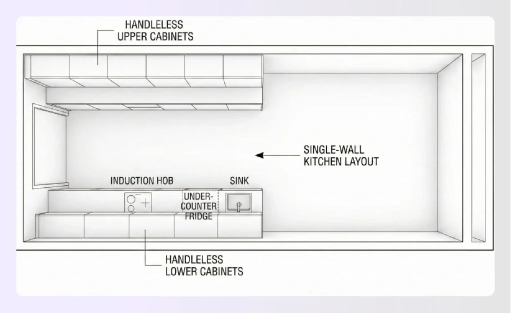 All-white minimalist single-wall kitchen layout with handleless cabinets All-white minimalist single-wall kitchen layout with handleless cabinets