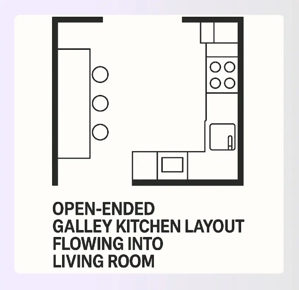 Open-ended galley kitchen layout flowing into living room Open-ended galley kitchen layout flowing into living room
