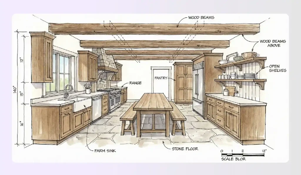 Rustic farmhouse galley kitchen layout drawing with wood beams Rustic farmhouse galley kitchen layout drawing with wood beams