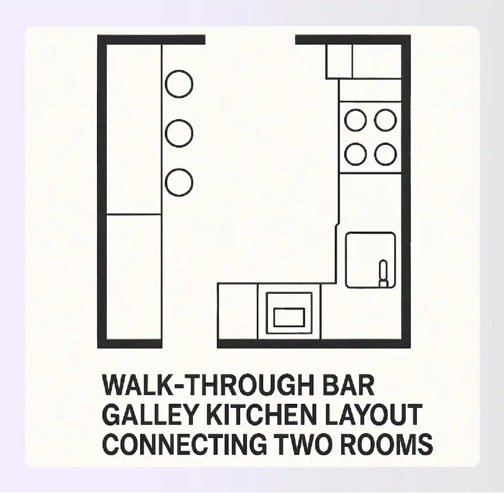 Walk-through bar galley kitchen layout connecting two rooms Walk-through bar galley kitchen layout connecting two rooms