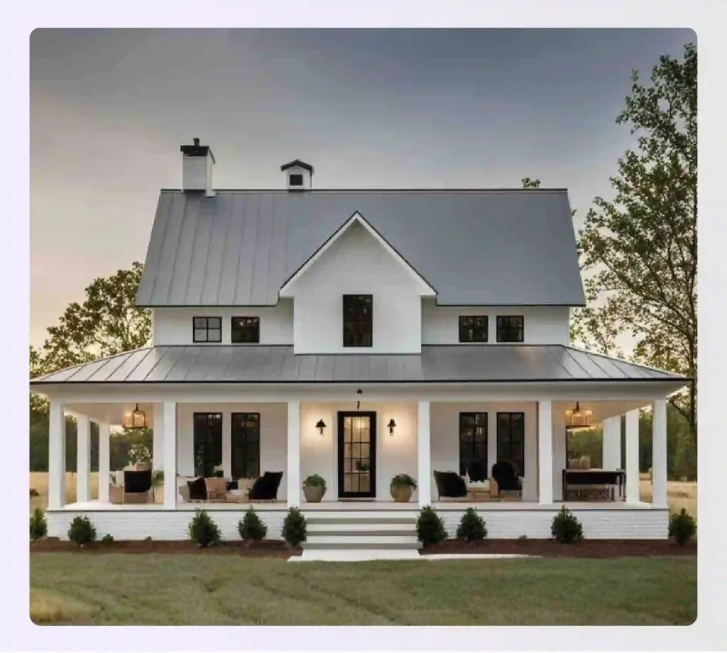 White shiplap two-story farmhouse with metal roof accents and full-width front porch