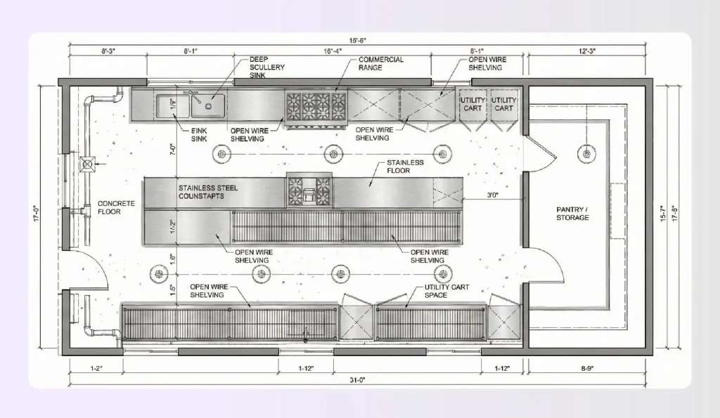 Industrial scullery style galley kitchen layout Industrial scullery style galley kitchen layout