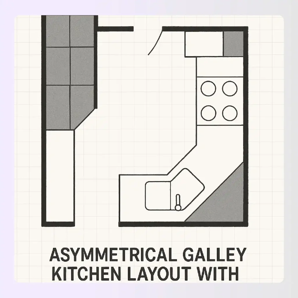 Asymmetrical galley kitchen layout with tall storage wall Asymmetrical galley kitchen layout with tall storage wall