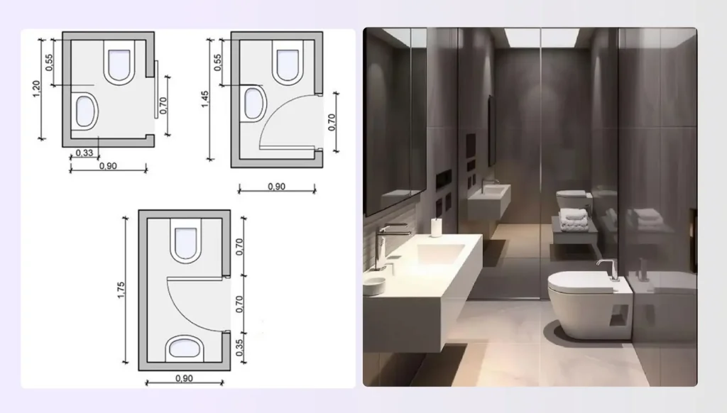 Narrow powder room layouts with different fixure positions