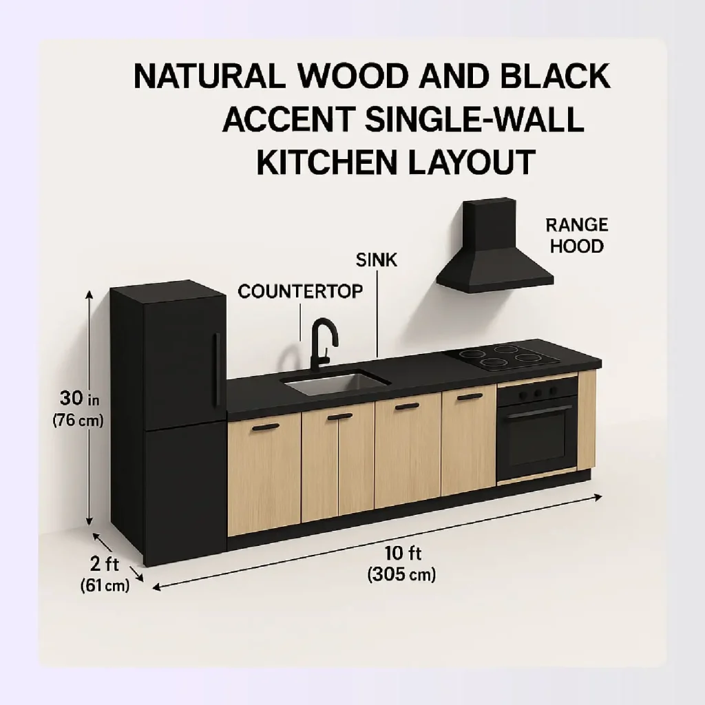 Natural wood and black accent single-wall kitchen layout Natural wood and black accent single-wall kitchen layout