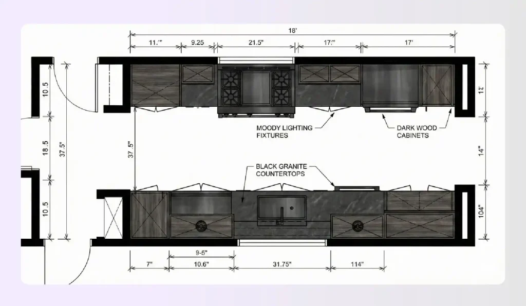 Dark and moody galley kitchen layout